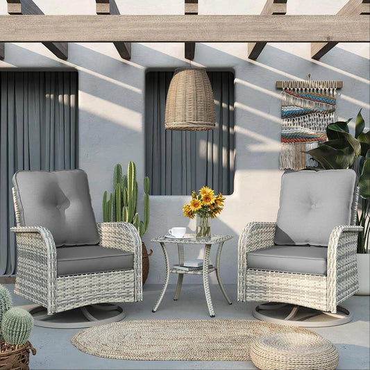 Outdoor Wicker Swivel Rocking Chair Patio Furniture Set with Tempered Glass Table for Garden Bistro