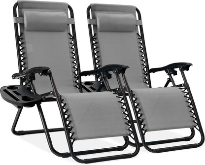 Two-Piece Adjustable Steel Mesh Zero Gravity Lounge Chair Recliner, with Pillow and Cup Holder Tray, Black