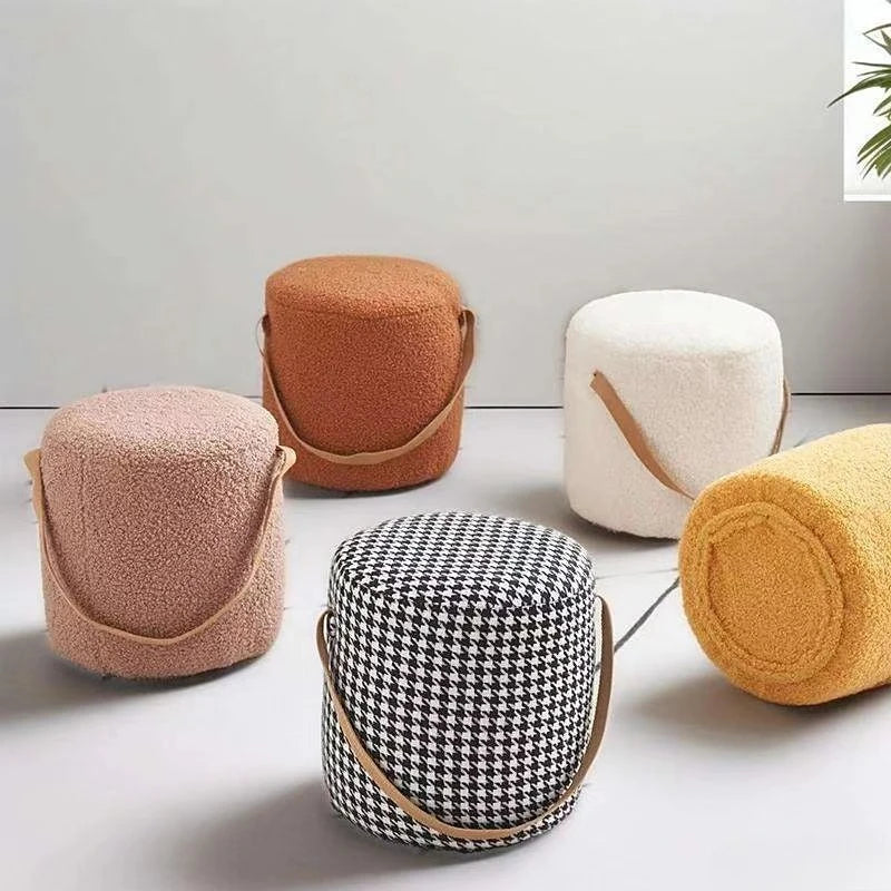 Lamb Velvet Round Stool for Living Room, Multi-Purpose Ottoman for Sofa & Coffee Table, Compact Home Decor Stool