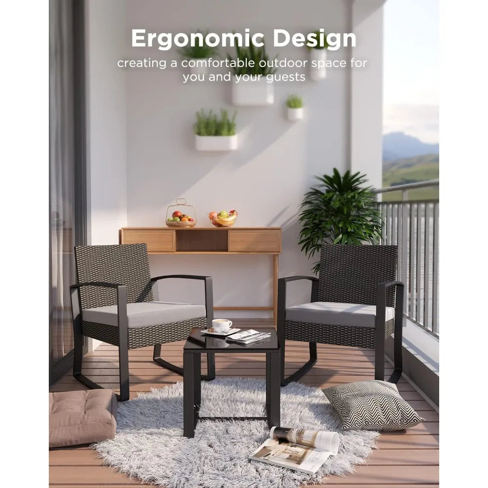 Outdoor Patio Furniture Set Rocking Bistro Set Outdoor Rattan Conversation with Coffee Table for Garden Balcony Backyard