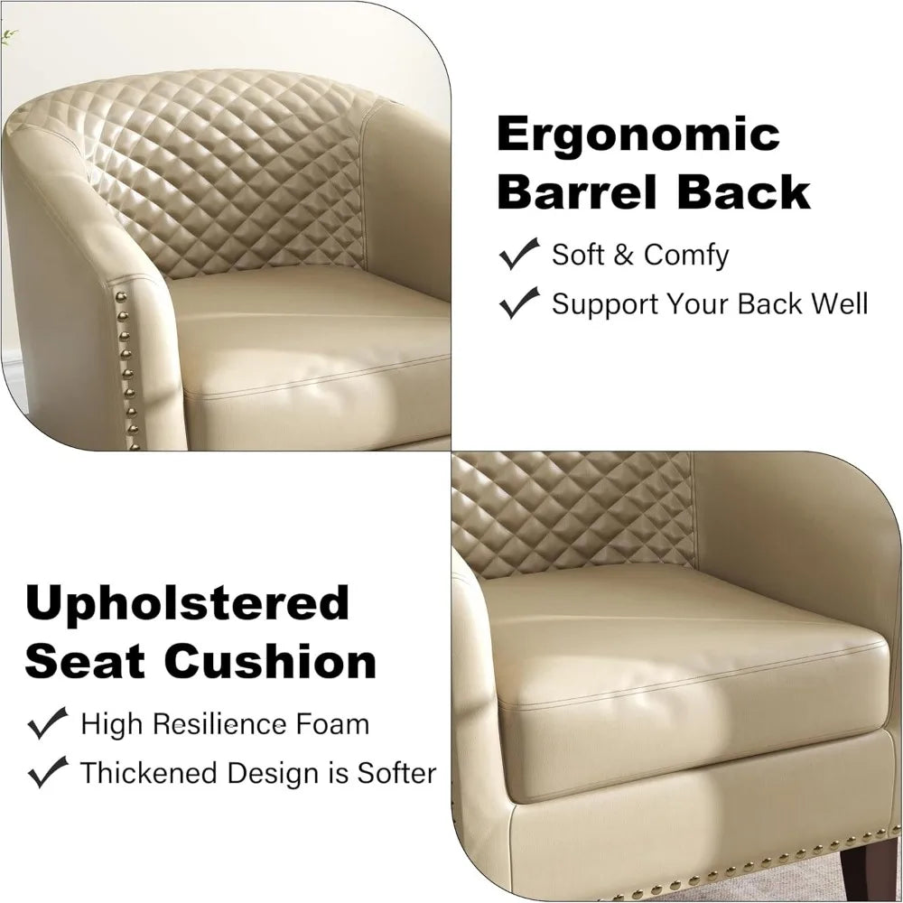 Upholstered Faux Leather Club Chair, Accent Barrel Armchair with Nailed Trim, Comfortable Reading Chair for Living Room and Bedr