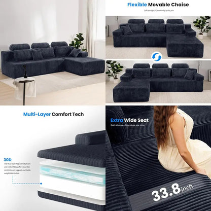 10-Foot High-Back L-Shape Modular Sectional Sofa, Convertible Chaise, Cloud Corduroy Fabric