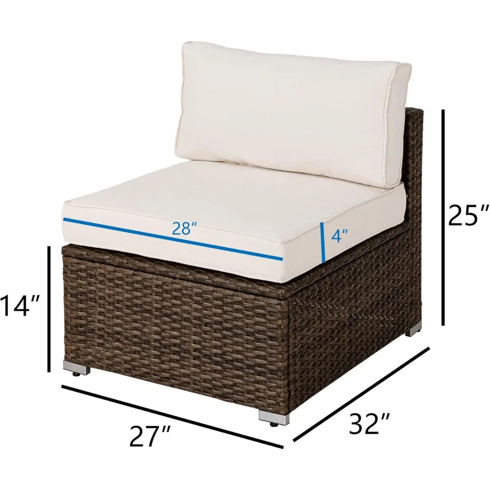 Outdoor Patio Furniture Wicker Armless Chair w Beige Cushion for Garden, Pool, Backyard