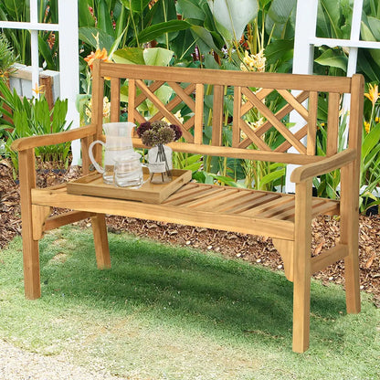4 Ft Foldable Outdoor Bench, Acacia Wood Outside Loveseat with Curved Backrest and Armrest, Customized