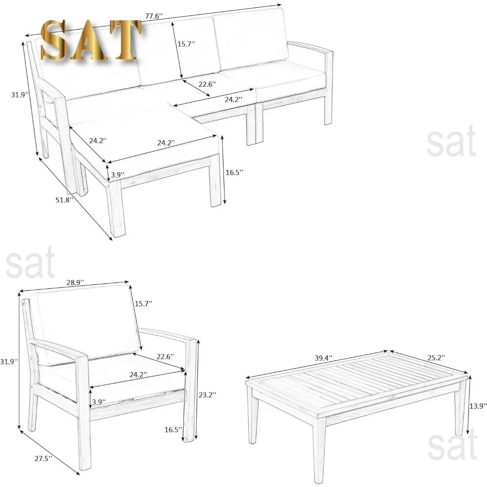 K 6 Piece Patio Sectional Sofa Set with 3-Seats Couch,Coffee Table, Ottoman and Removable Cushion for Garden Poolside