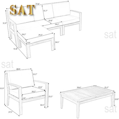 K 6 Piece Patio Sectional Sofa Set with 3-Seats Couch,Coffee Table, Ottoman and Removable Cushion for Garden Poolside