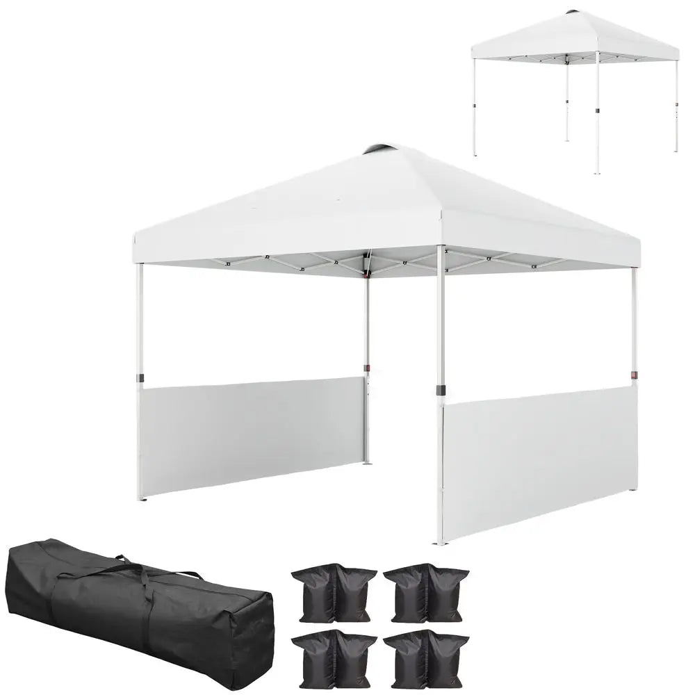 White 10'x10' Pop Up Tent UV50 Sun Protection 2 Half Sidewalls Gazebo with Wheeled Carry Bag Outdoor Use