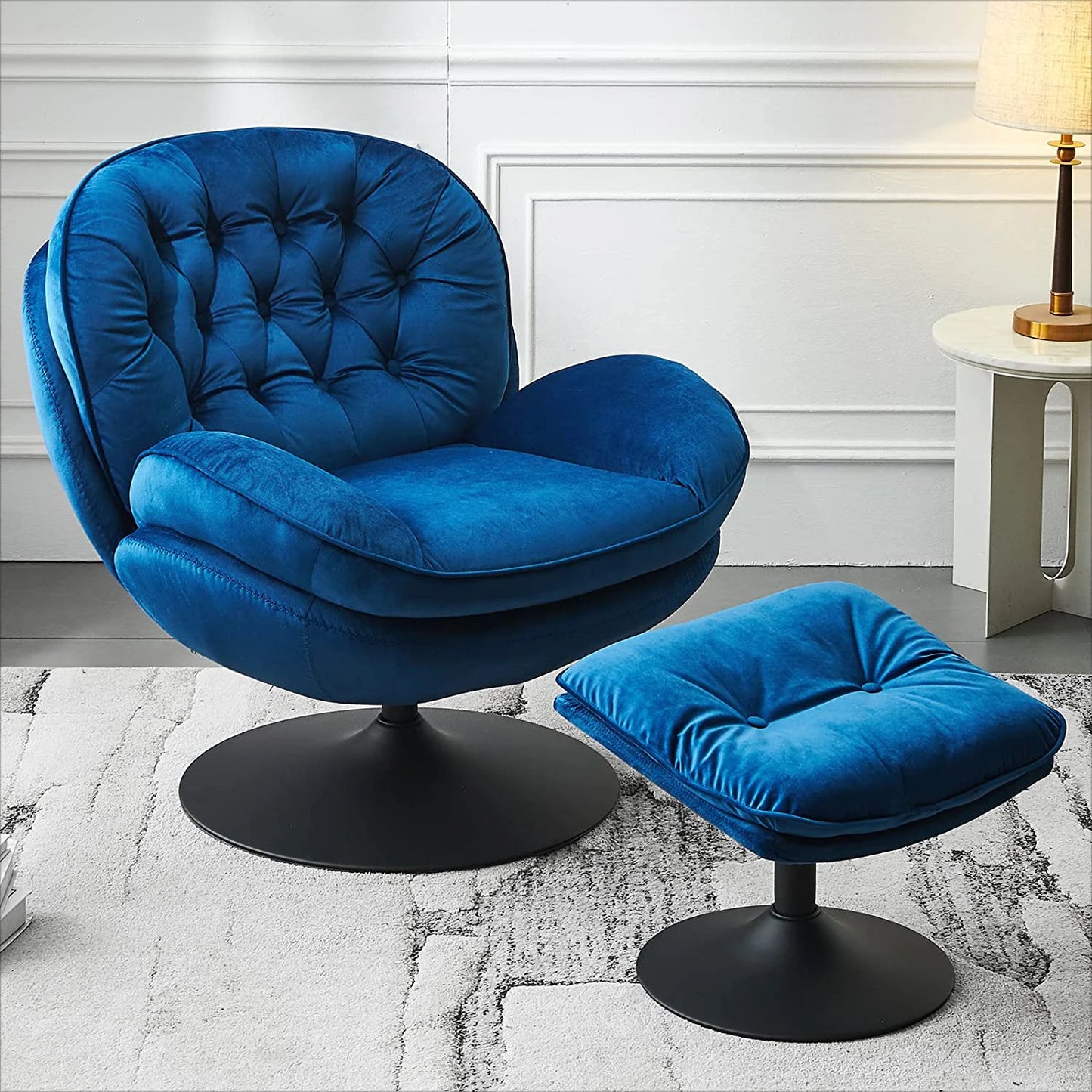 Velvet Swivel Armchair Set with Ottoman for Living Room - Modern Tufted Accent Chairs with 360° Swivel & Footrest - Comfy Chais