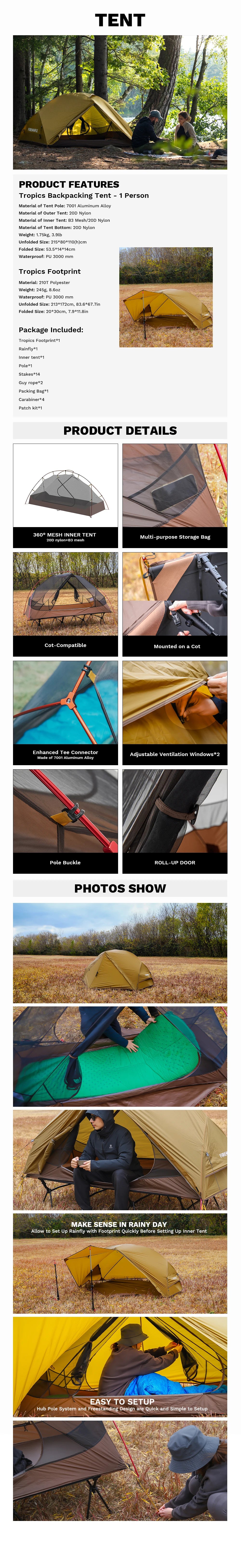 Fire-Maple Tropics Ultralight Backpacking Tent 1 Person 20D Waterproof Mountaineering Cycling Easy Setup Hiking with Camping Cot