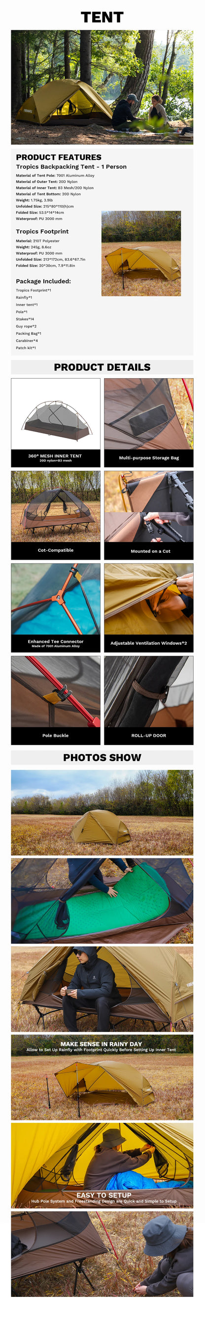 Fire-Maple Tropics Ultralight Backpacking Tent 1 Person 20D Waterproof Mountaineering Cycling Easy Setup Hiking with Camping Cot