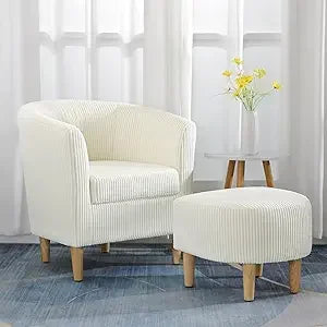 Leather Chair, Accent Chair Mid Century Modern with Ottoman Faux Barrel Comfy Armchair Upholstered Club Tub Round Arms for Livin