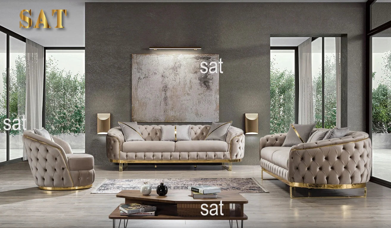 Luxury 2-3 Seater Chesterfield Sofa Hot Sales Gold Stainless Steel Frame Velvet Upholstery Sponge Filling for Hotel Home Use