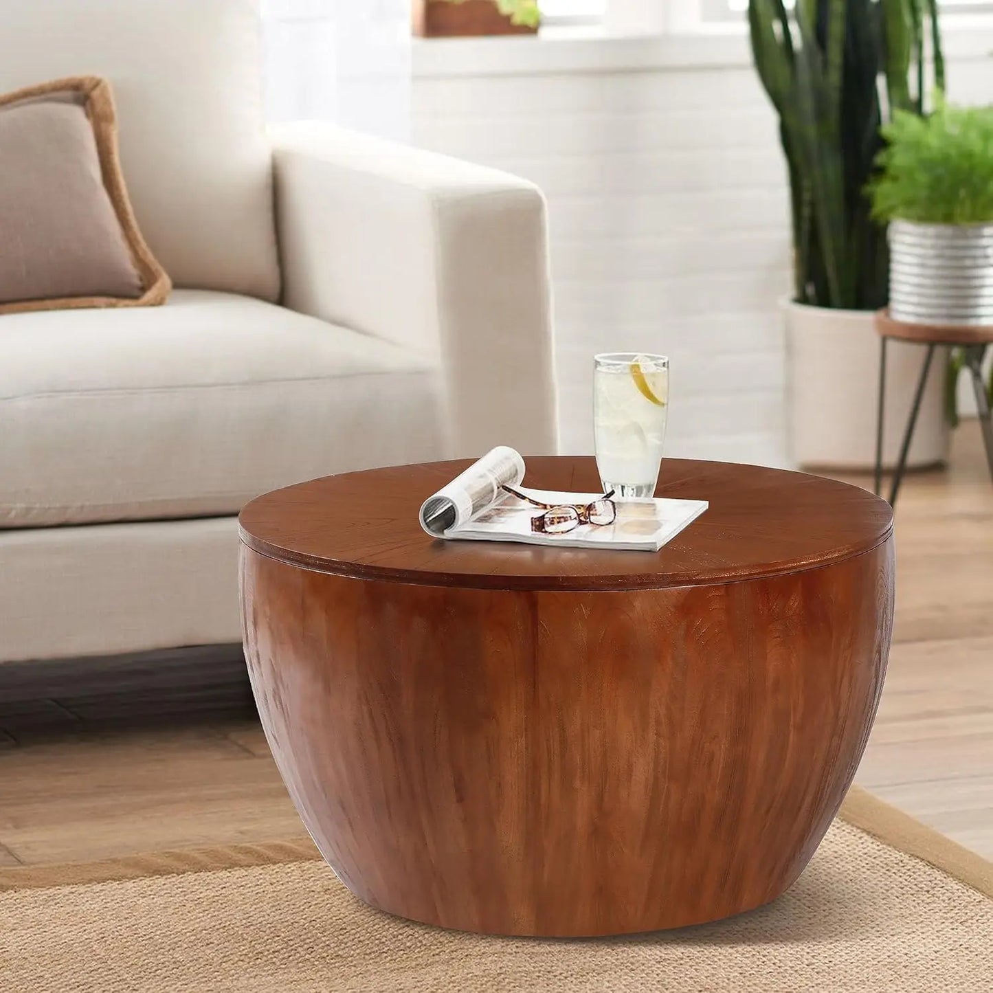 31.50" Vintage Style Bucket Shaped Coffee Table, Drum Coffee Table for Office, Dining Room and Living Room