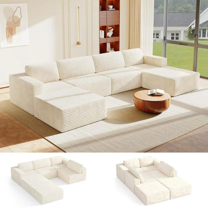 97" L-Shape Modular Sofa, 3-Seat Corduroy Couch with Movable Ottoman, Sectional Sofa for Living Room, Green, Customized