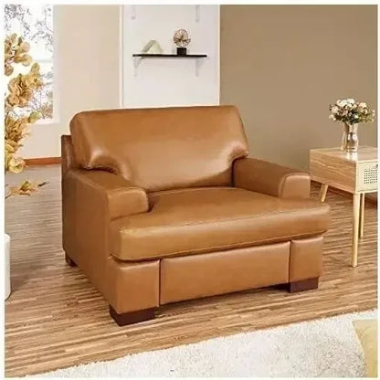 Genuine Leather Sofa - Luxurious Comfort, Goose Feather Cushion Filling, Square Arm Design, Sturdy Block Legs,
