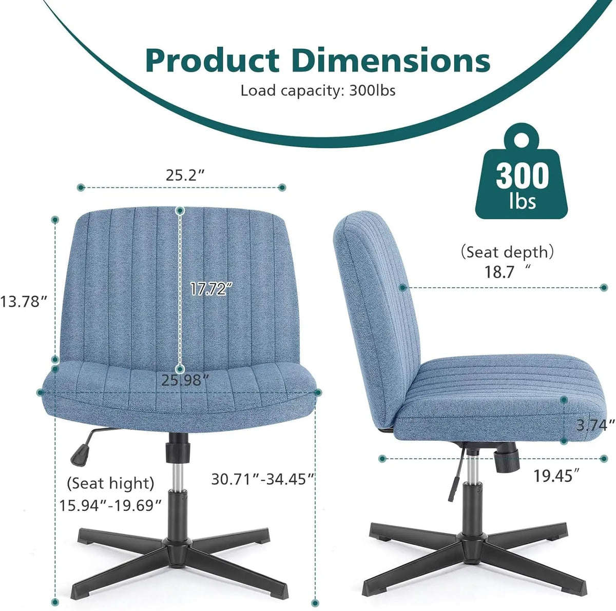 Criss Cross Legged Office Chair, Armless Wide Seat No Wheels, Modern Home Desk Height Adjustable Swivel