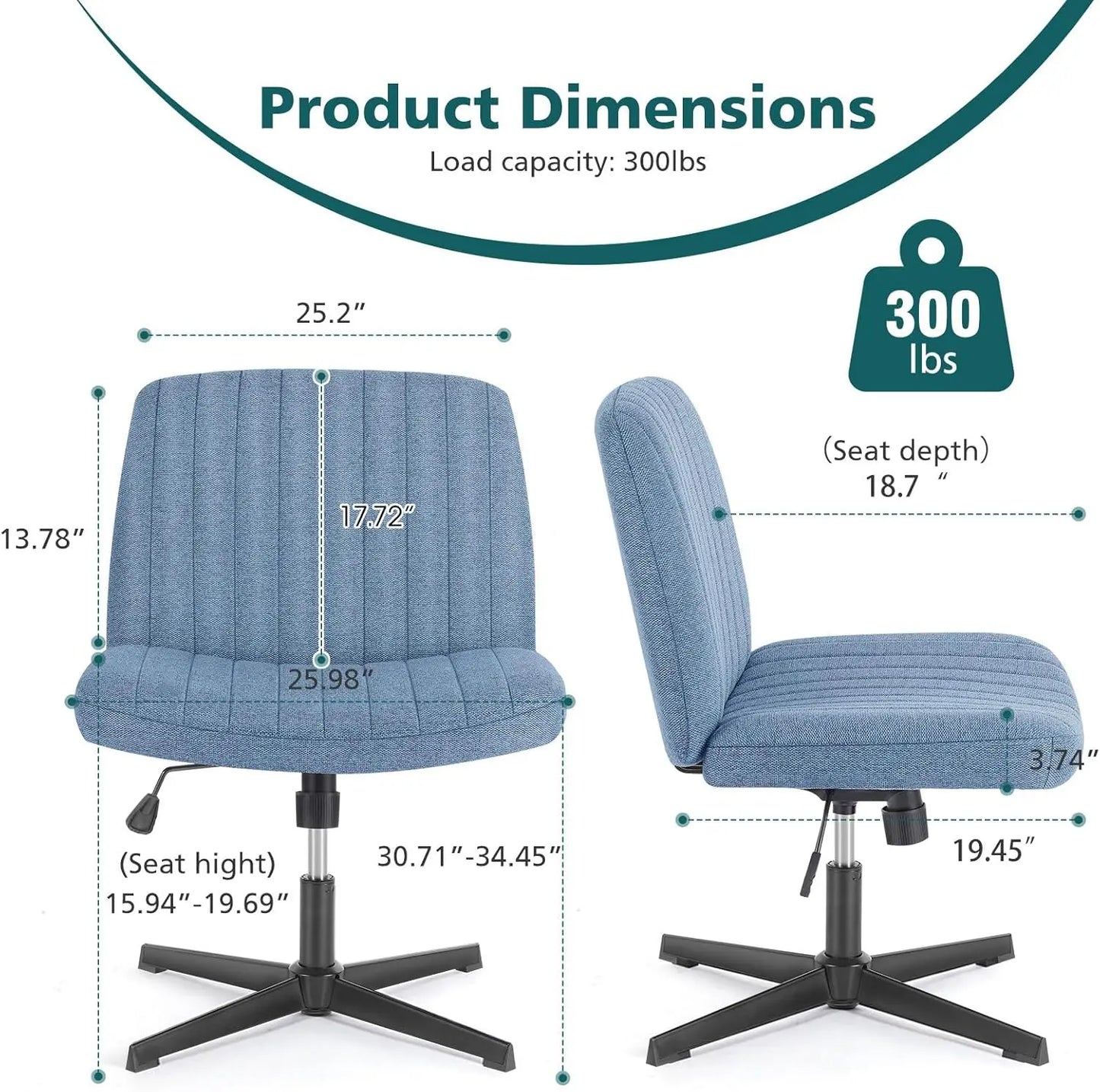 Criss Cross Legged Office Chair, Armless Wide Seat No Wheels, Modern Home Desk Height Adjustable Swivel