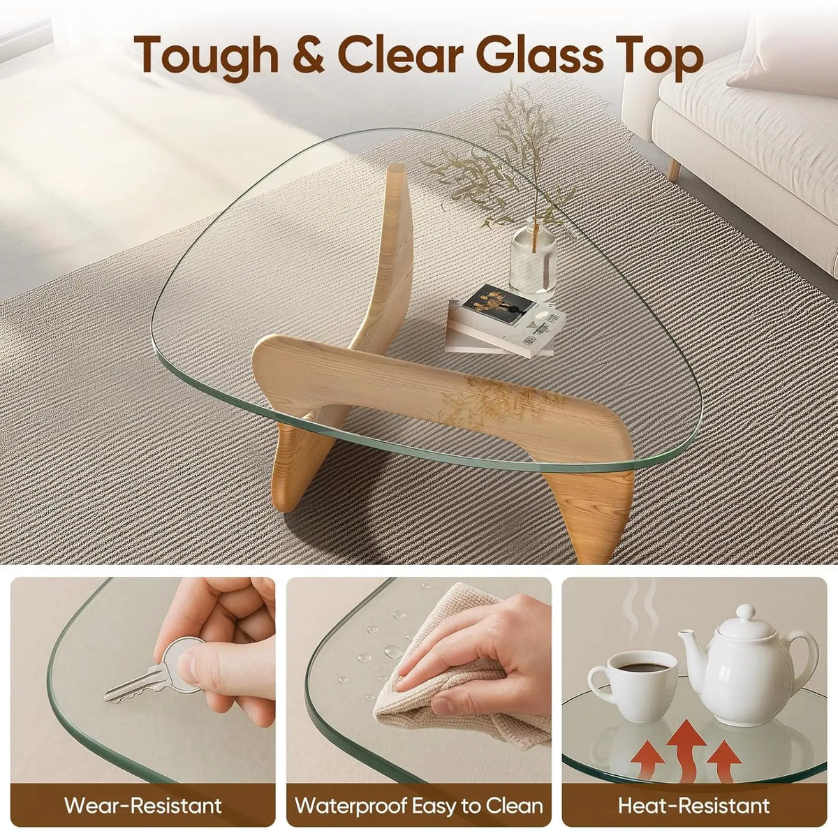 Table basse en verre triangulaire, base en bois massif, plateau transparent vintage, salon, patio, bureau, noyer clair, sur mesure