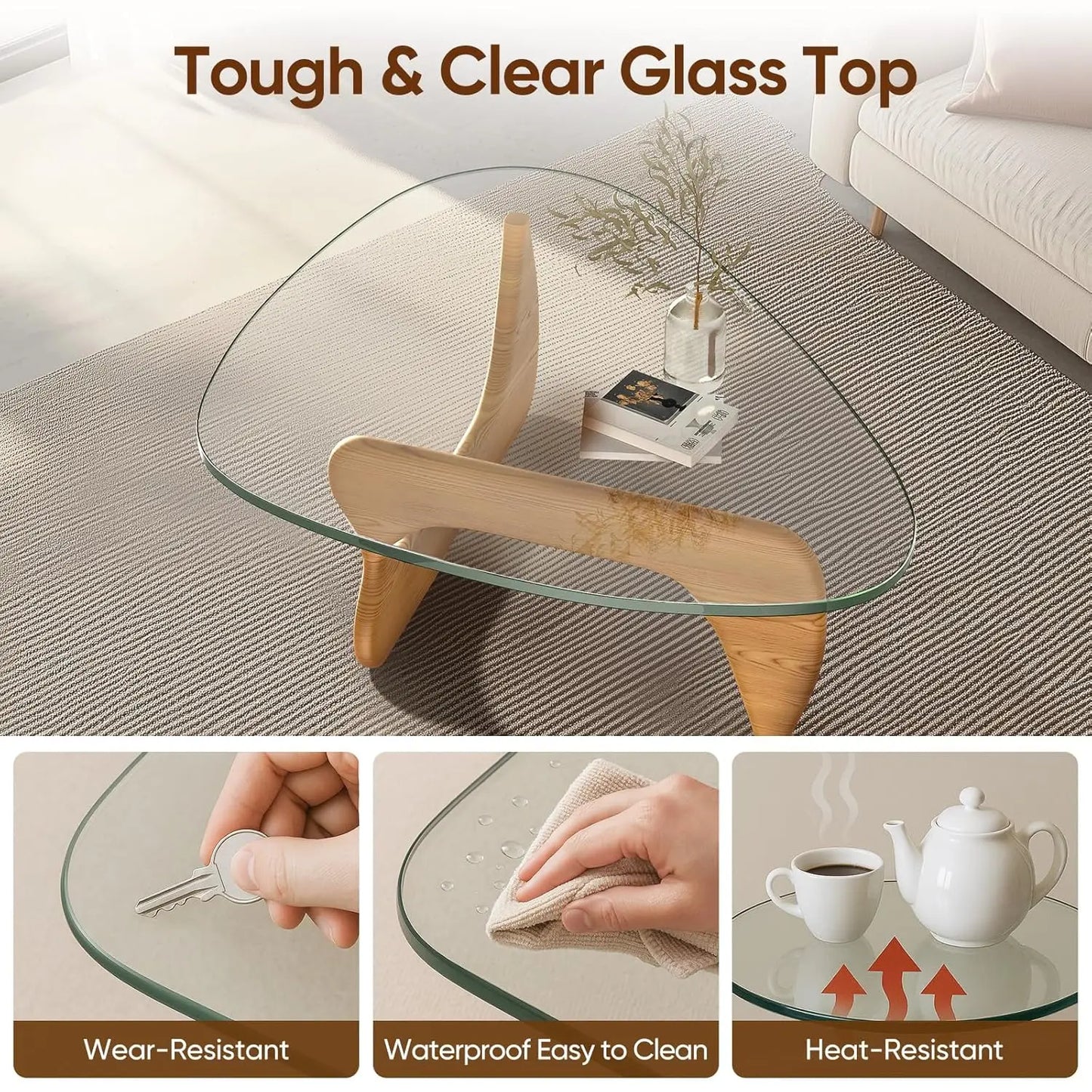 Table basse en verre triangulaire, base en bois massif, plateau transparent vintage, salon, patio, bureau, noyer clair, sur mesure