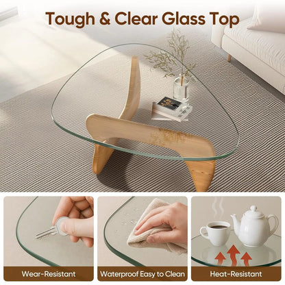Table basse en verre triangulaire, base en bois massif, plateau transparent vintage, salon, patio, bureau, noyer clair, sur mesure