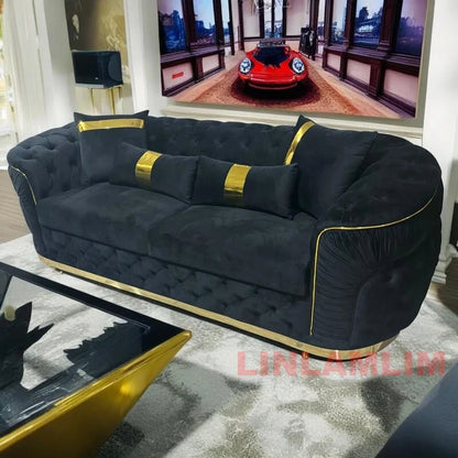 Luxury Chesterfield Sectional Sofa Set with Cloth Buttons and Fabric Modular Couch with Gold Stainless Steel Base, 3-seater Sofa