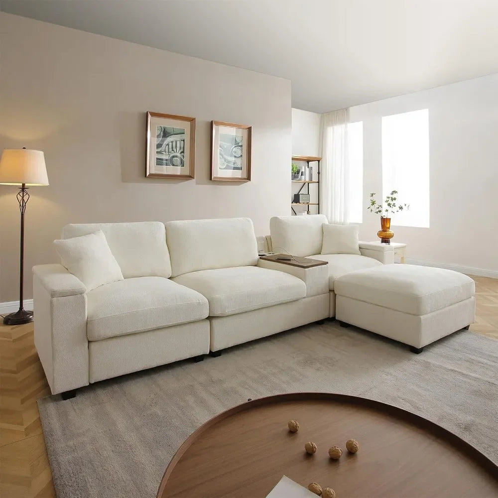 L Shaped Sectional Couch with Ottoman, Deep Seat Modular Sofa with Storage Arms, 3 Seater, Living Room, 120