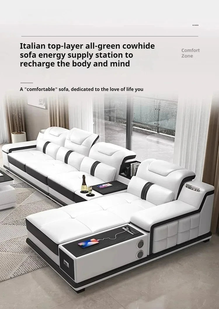 Luxury Italian Genuine Leather Sectional Sofa Set With Bluetooth Speaker And USB Ports Cow Leather Divano Living Room Furniture