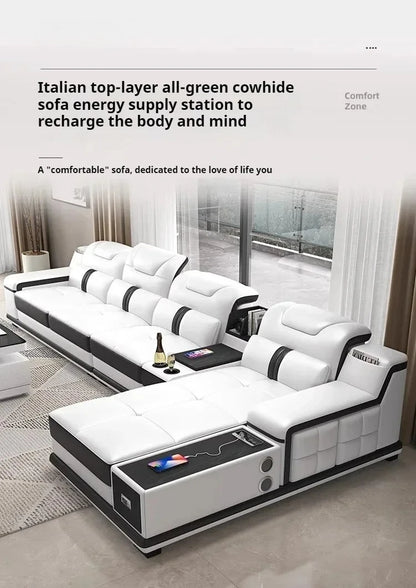 Luxury Italian Genuine Leather Sectional Sofa Set With Bluetooth Speaker And USB Ports Cow Leather Divano Living Room Furniture