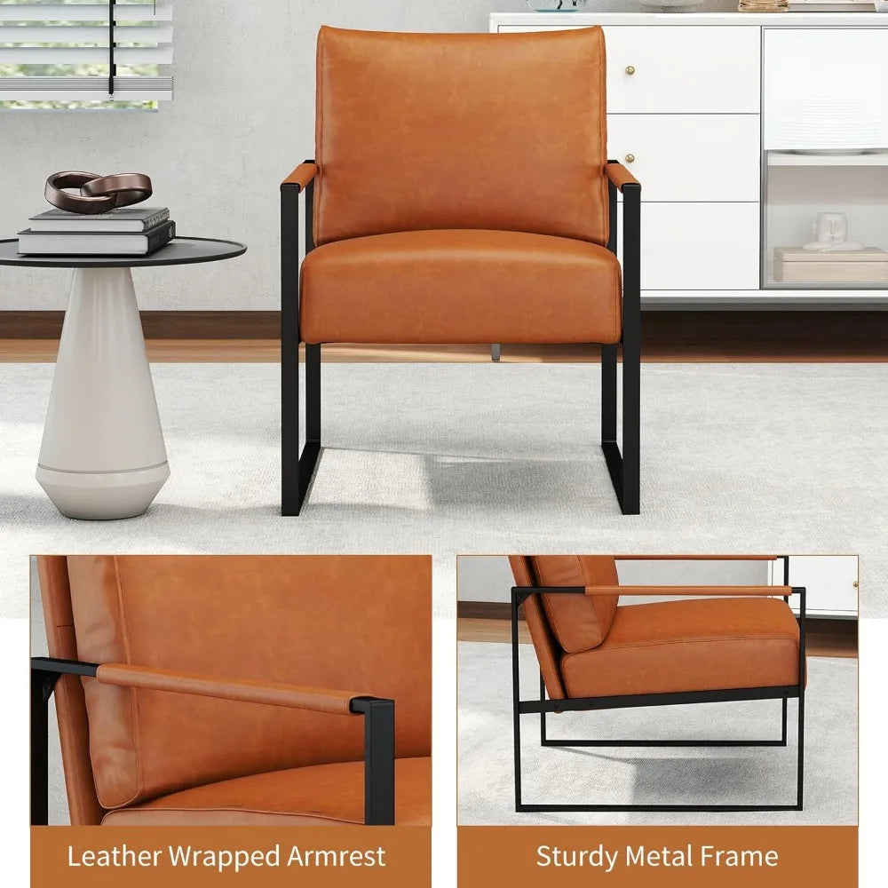 Mid Century Modern Accent Chair, PU Leather Armchair with Metal Frame,Comfy Single Reading Chair with Soft Padded Backrest and