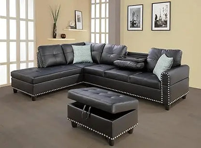 modern 4-seaters living room furniture sets with chaise lounge, ottoman & 2 pillows | l shape couch