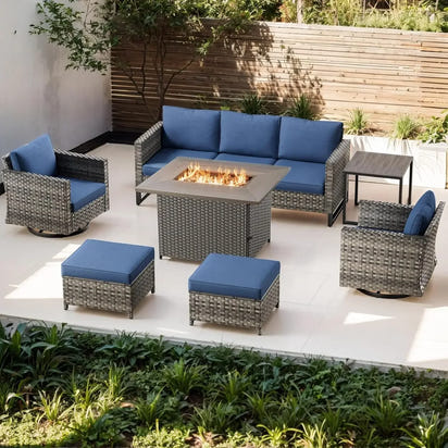 Patio Conversation Set with Fire Pit Table, Grey Resin Wicker Swivel Patio Chairs with Sofa Ottomans Side Table and Fire Table