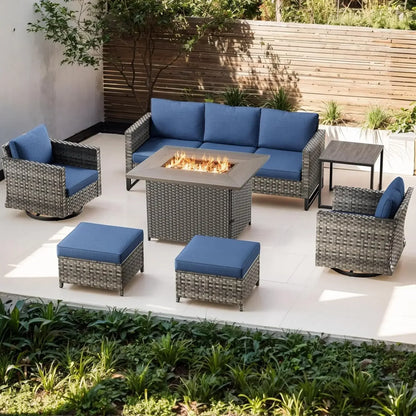 Patio Conversation Set with Fire Pit Table, Grey Resin Wicker Swivel Patio Chairs with Sofa Ottomans Side Table and Fire Table