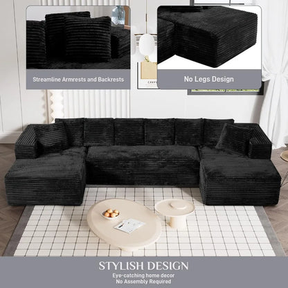 Modular Sectional Sofa in Cloud Design, 131 Black Couches for Living Room, Deep Seated Plush Corduroy Sofa, Modern Comfort