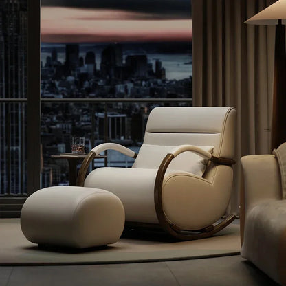 Solid wood leather lazy balcony leisure rocking chair bedroom living room household single sofa chair