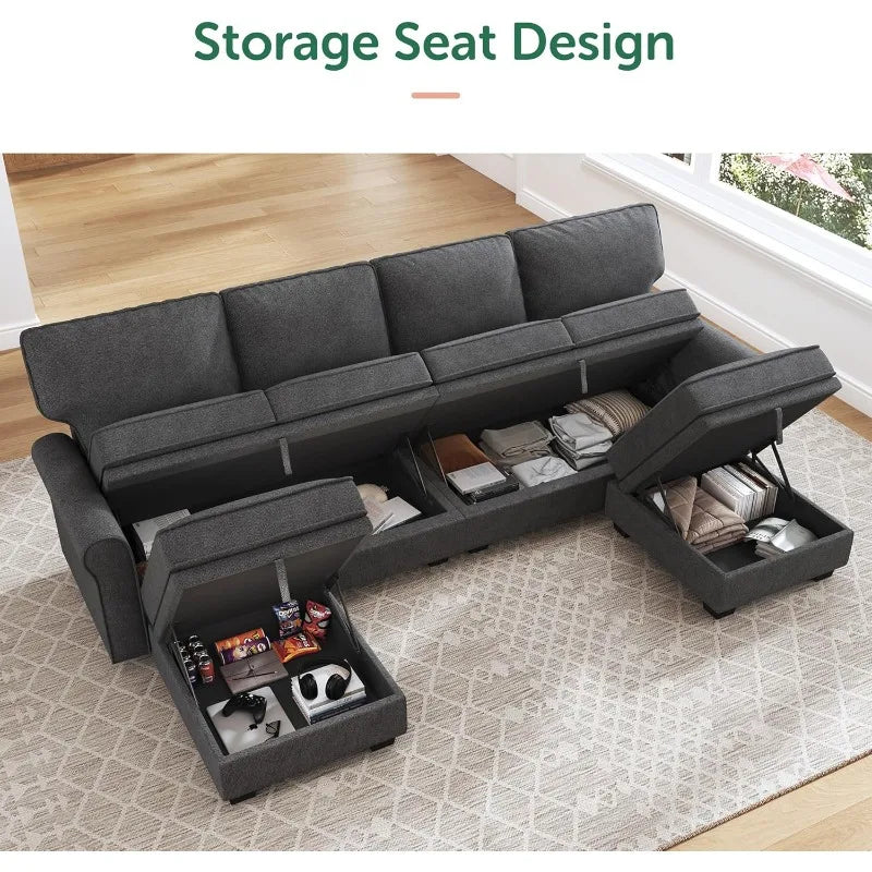 Storage Sectional Sofa with Reversible Chaise, U-Shaped Living Room Couch Dark Grey