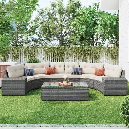 8-Piece Outdoor Patio Conversation Set, PE Rattan Wicker Half-Moon Sectional Sofa, All-Weather Seating for Gardens and Patios