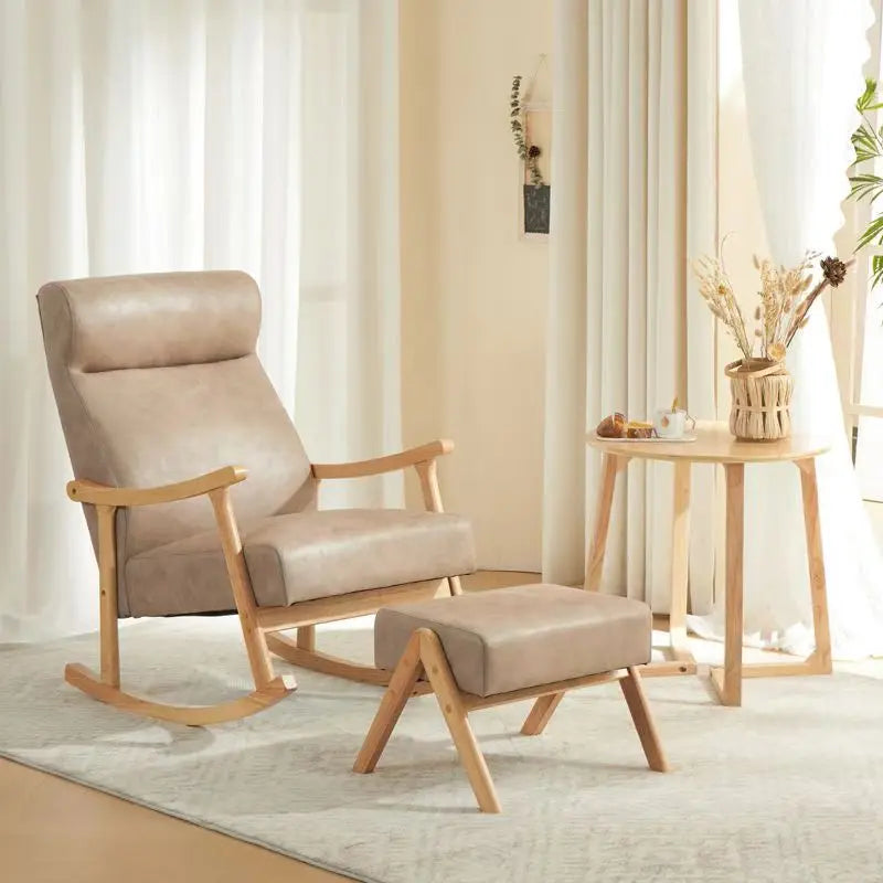 Wooden Rocking Chair Lounge Chair High Backrest Rocking Armchair Accent Chair with Lumber Pillow