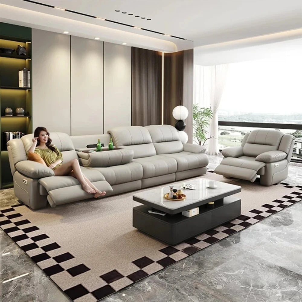 Modern Electric Reclining Sofa with Power Outlet, USB, and Hidden Cup Holders – Genuine Leather Recliner Couch for Living Room