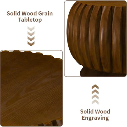 31.5 Inch round Fluted Coffee Table Farmhouse Luxury 3-Leg Base Natural Wood Veneer for Small Spaces