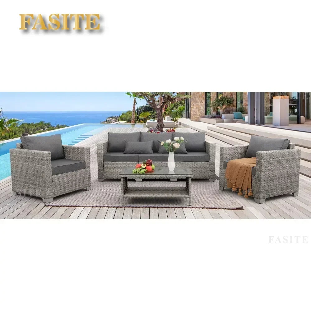 Garden Furniture Set 7 Piece, Patio Couch Sets Chair, PE Rattan Sectional with 45" Fire Pit Table, Garden Furniture Set