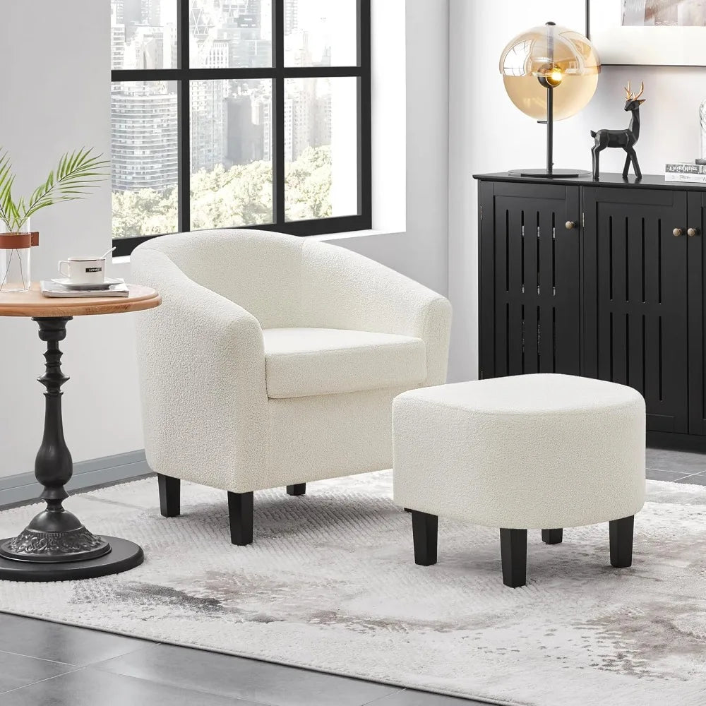Modern Sherpa Accent Chair and Ottoman Set, Plush Barrel-Shaped Armchair with Footrest for Lounge Areas