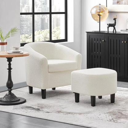 Modern Sherpa Accent Chair and Ottoman Set, Plush Barrel-Shaped Armchair with Footrest for Lounge Areas