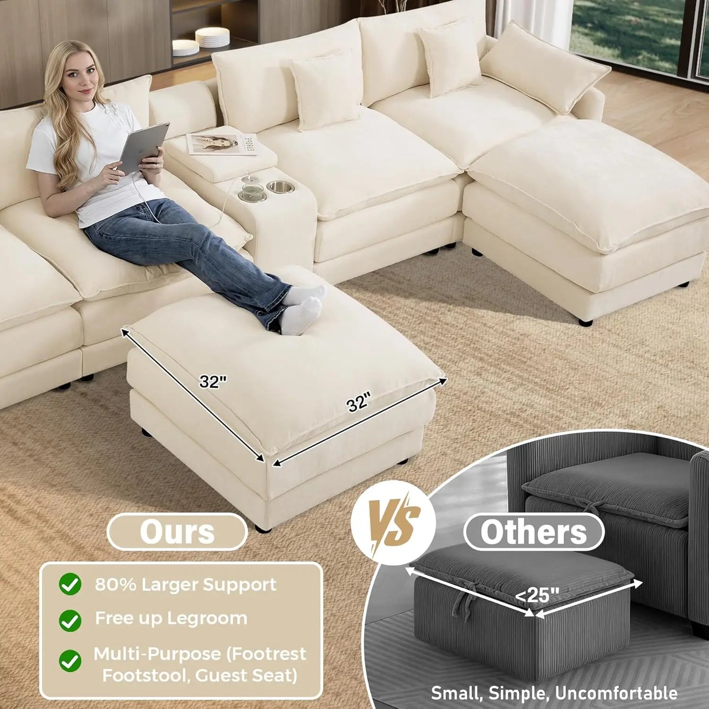 145" U Shaped Cloud Couch Sectionals Comfy White Sectional Couches for Living Room Modern Fluffy Oversized Modular Sofas, Chenil