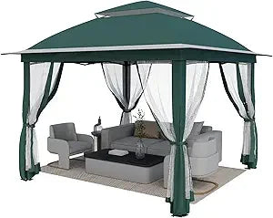11'X11' Gazebo Pop Up with 4 Sidewalls Mosquito Netting, Heavy Duty Patio Gazebo Canopy Tent with Double Air Roofs for Backyards