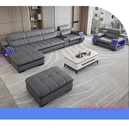 Modern Sectional Sofa Bed with LED Light, Electric Recliner and Massage | Living Room Genuine Leather Couch with Cup Holder, USB