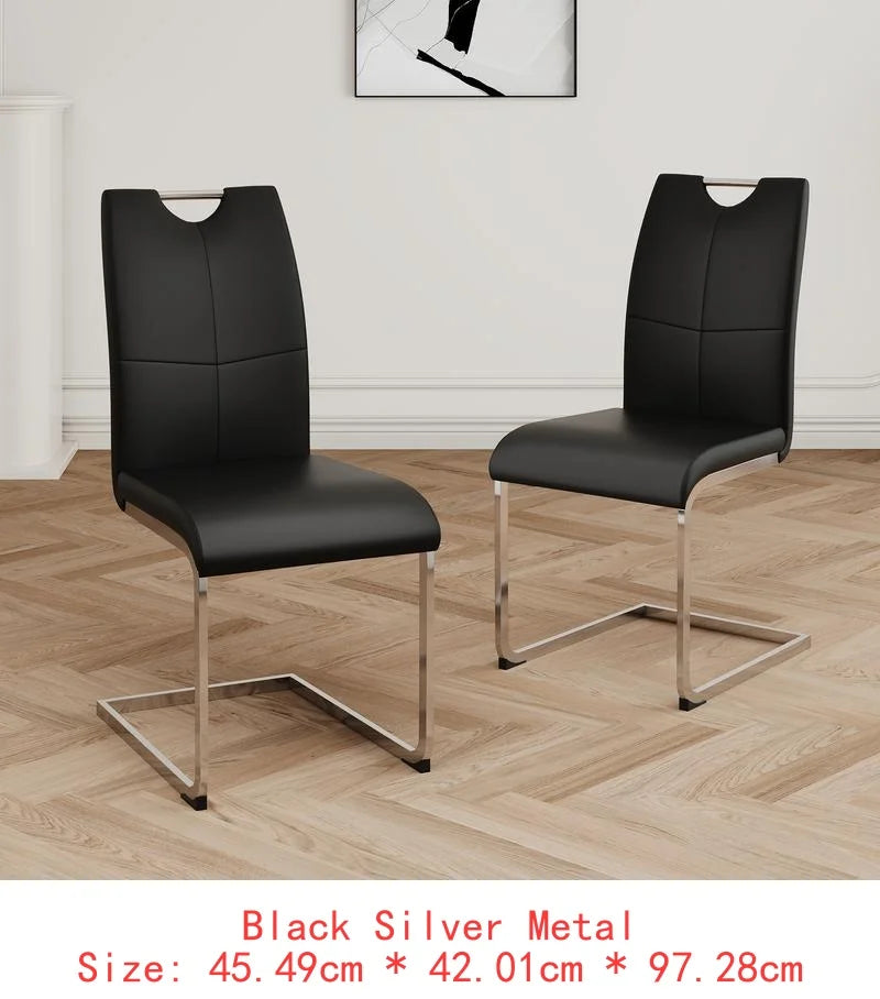 Set of 2 Chrome Metal Finish Side Chairs, Gray-Taupe Faux Leather Upholstery, Casual Dining Furniture