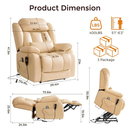 Power Lift Recliner Chair with 8-Point Massage & Heat, Dual Remote, USB/Type-C Ports, Easy-Clean Leather, Width, Customized