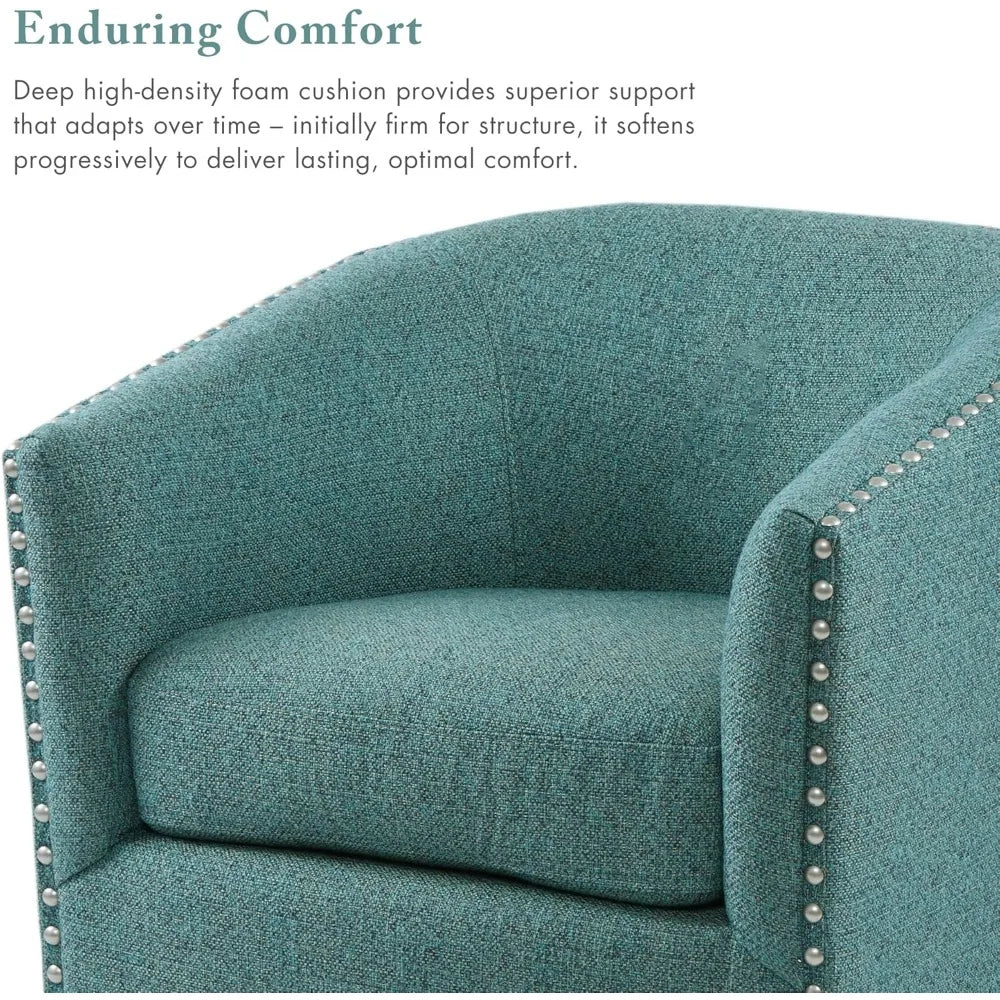 Swivel Barrel Accent Chair with Upholstered Curved Back, 7-Inch Thick Cushion, 360° Rotation, Nailhead Trim