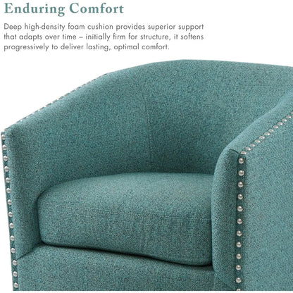 Swivel Barrel Accent Chair with Upholstered Curved Back, 7-Inch Thick Cushion, 360° Rotation, Nailhead Trim