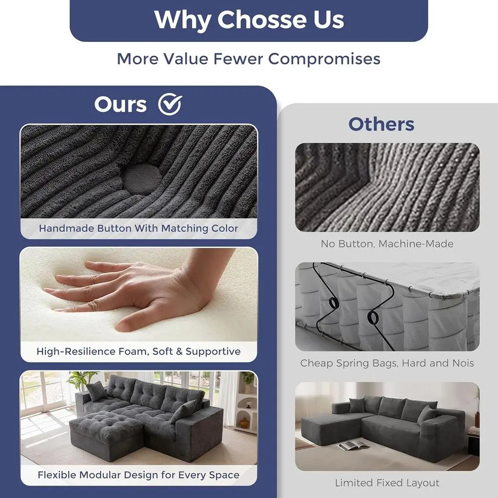 104" L Shaped Modular Sectional Sofa with Ottoman, Cloud Boneless Couch with Layered Cushion, Upholstered Sofa in a Box, Flexibl